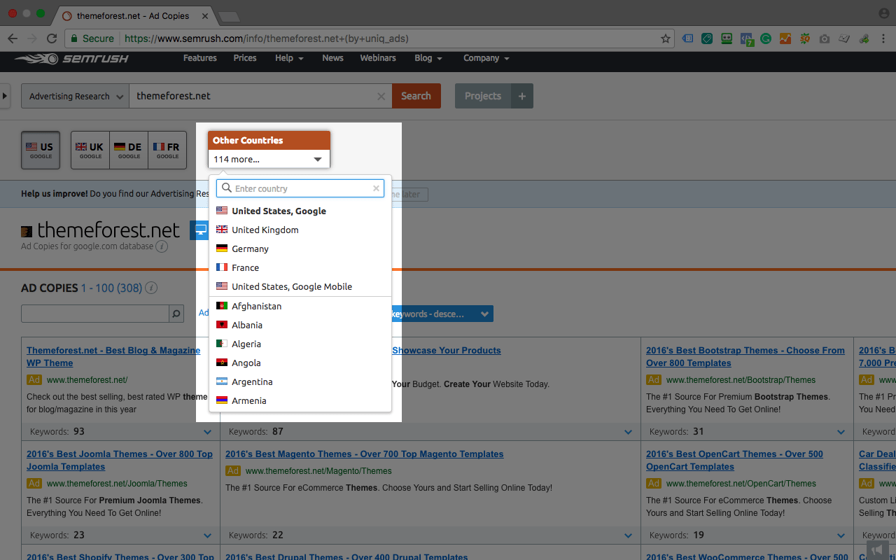 semrush country database