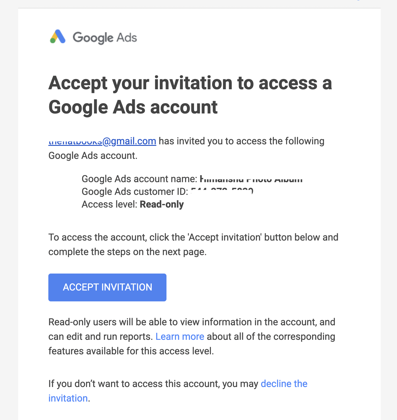 invitation email from Google Ads